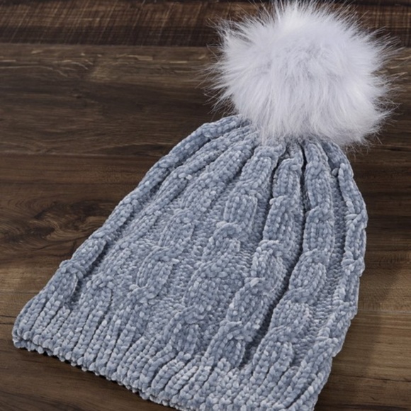 Denim Chenille Cable Knit Faux Fur Pompom Beanie - Picture 2 of 3